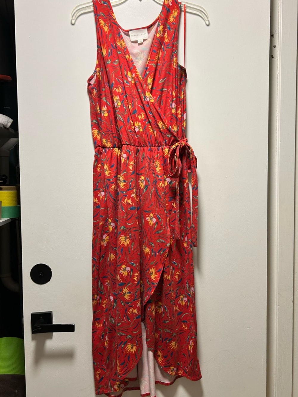 French Grey Red Floral Faux Wrap dress with Tie Waist
